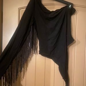 One shoulder fringe bodysuit.